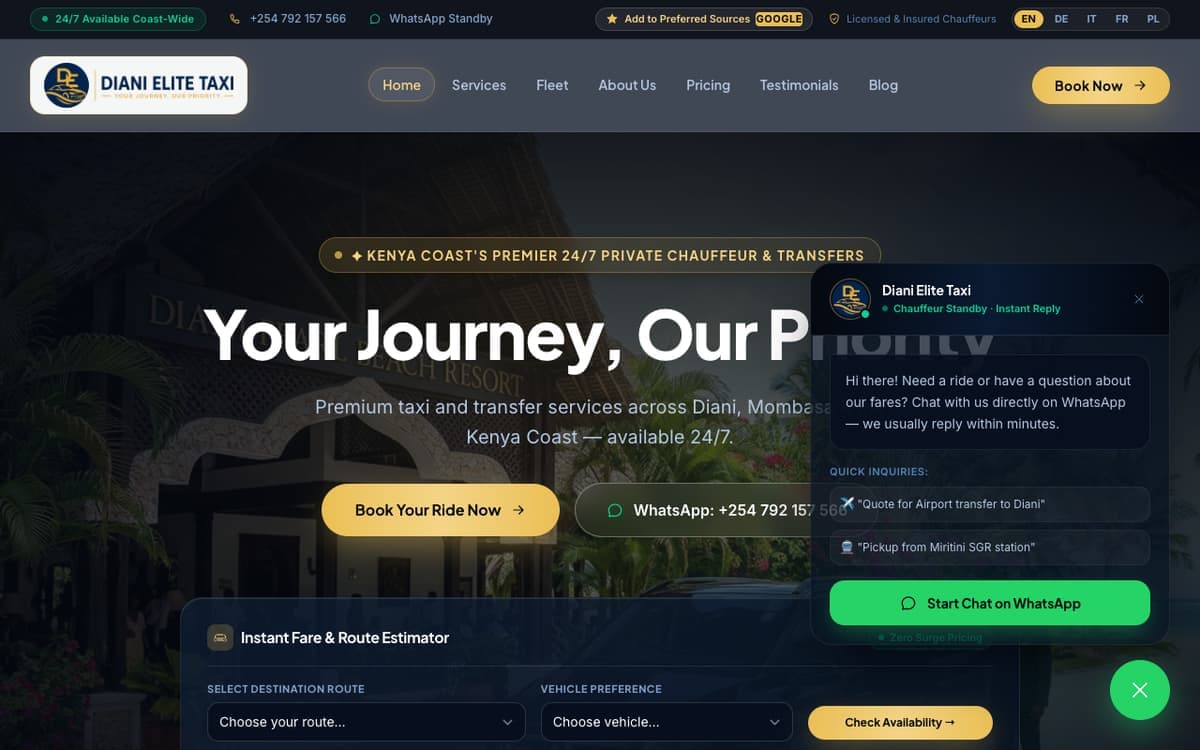 Diani Elite Taxi airport transfers & car hire website by Gregory Shikutwa
